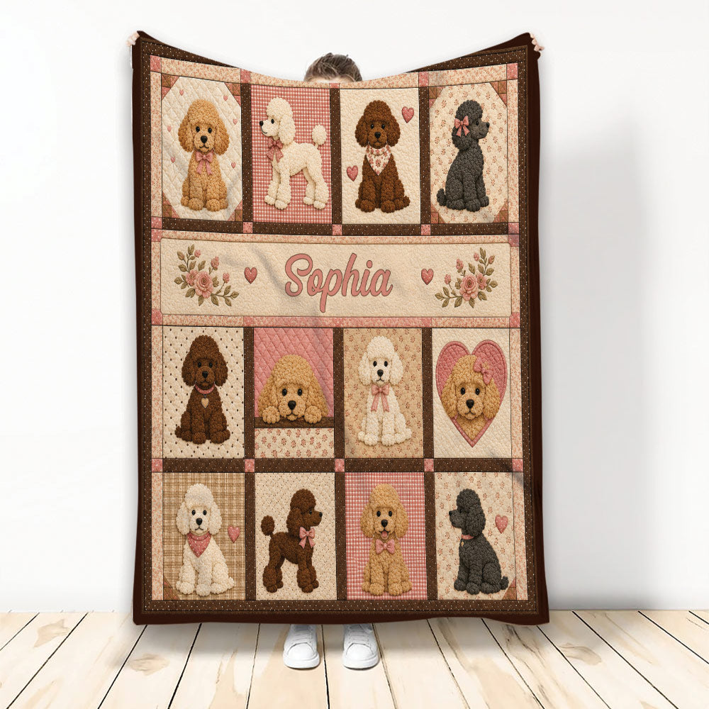 Poodle throw blanket featuring multiple illustrated dogs, floral accents, hearts, and patchwork panels