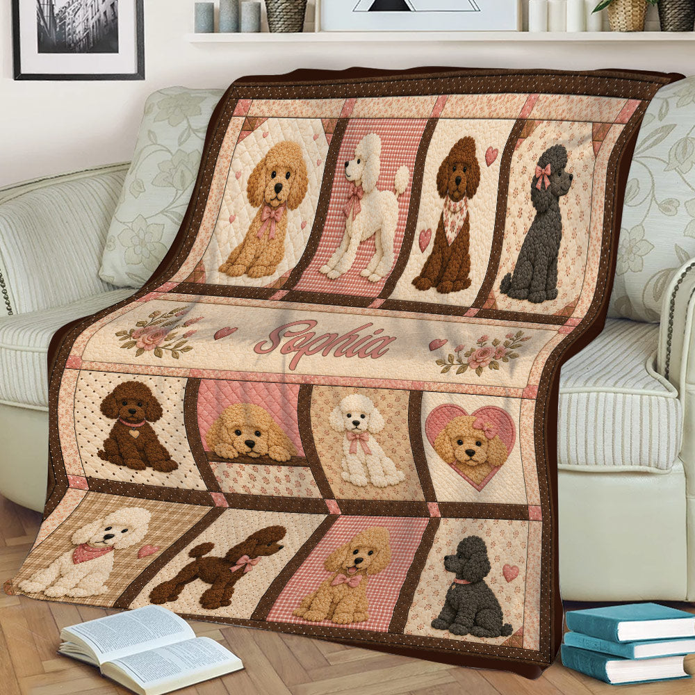 Decorative poodle throw blanket displayed on a sofa with illustrated dogs, hearts, and romantic patchwork artwork