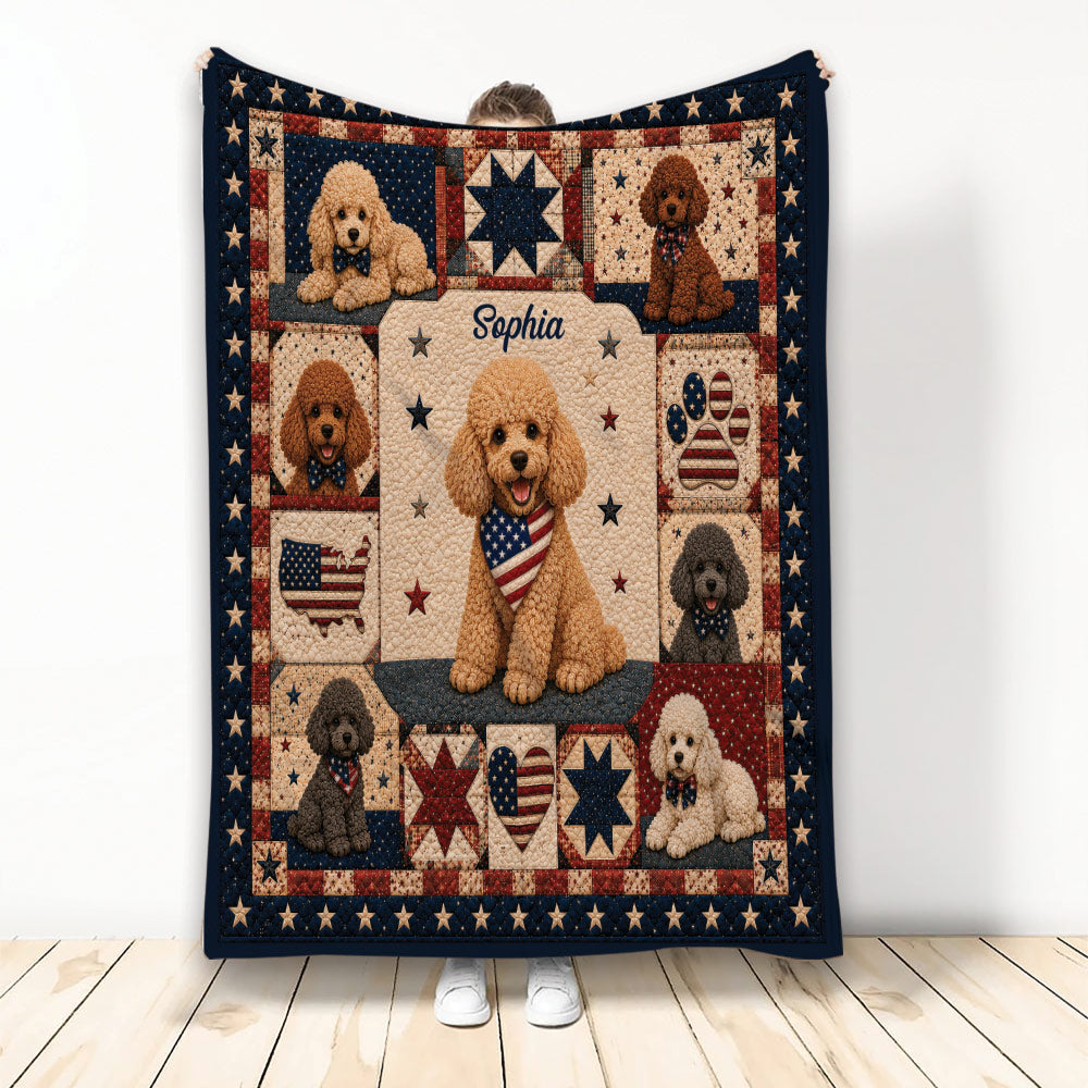 Custom poodle blanket featuring multiple curly-coated dogs, patriotic stars and stripes, and a navy red and cream border