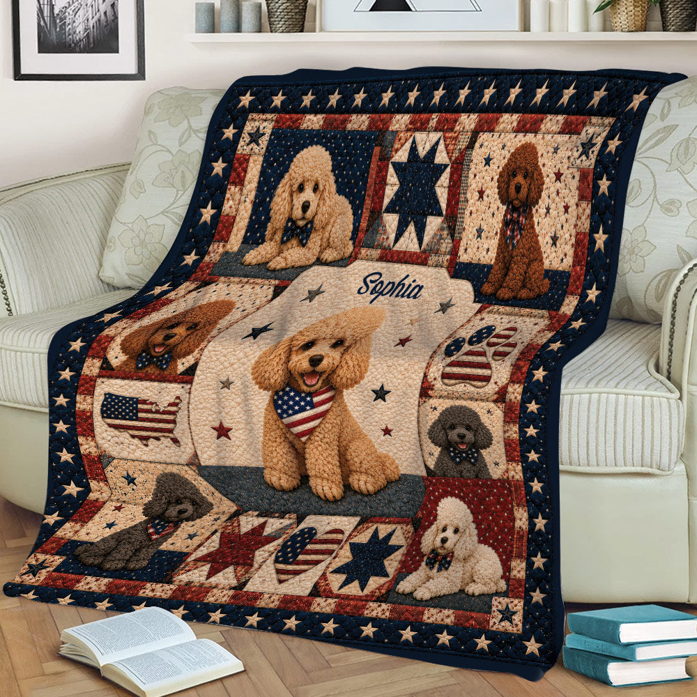 Patriotic poodle throw blanket draped over a sofa, featuring curly-coated dogs, stars, stripes, and decorative panels