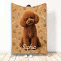 Poodle throw blanket featuring a curly brown dog with paw prints, hearts, and bones