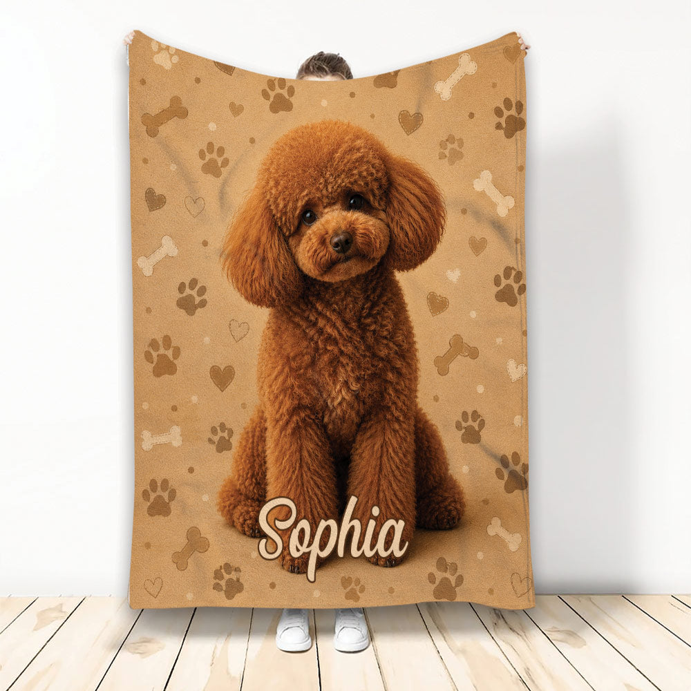 Poodle throw blanket featuring a curly brown dog with paw prints, hearts, and bones