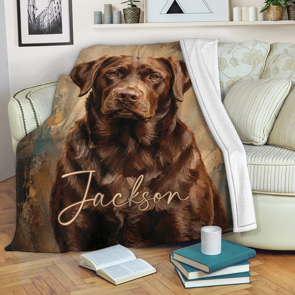 Brown Labrador Retriever throw blanket styled on a sofa in a cozy living room