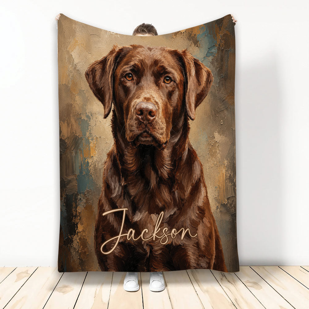 Brown Labrador Retriever artwork blanket displayed vertically with a rustic painterly background