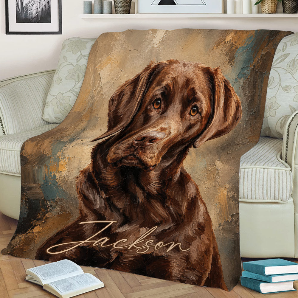 Labrador Retriever artwork blanket draped across a sofa with books nearby