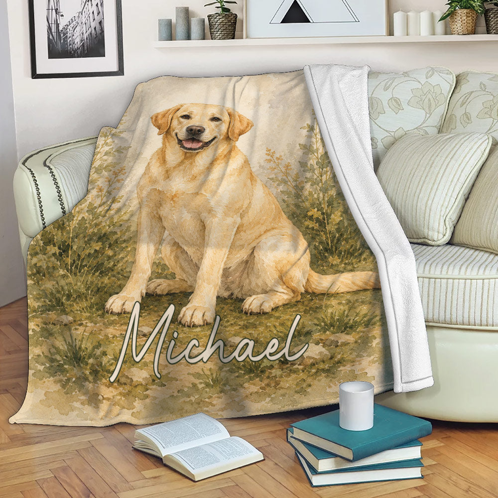 Labrador Retriever throw blanket displayed on a sofa with warm woodland artwork