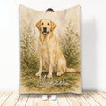 Labrador Retriever blanket with watercolor dog artwork surrounded by soft woodland foliage