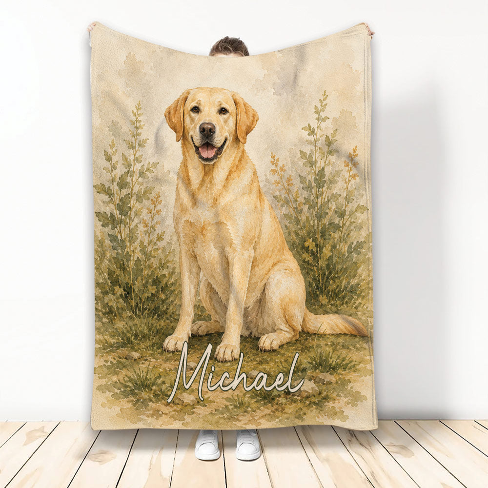 Labrador Retriever blanket with watercolor dog artwork surrounded by soft woodland foliage