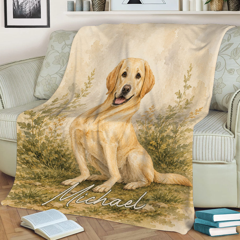 Labrador Retriever blanket draped over a couch with rustic watercolor dog artwork