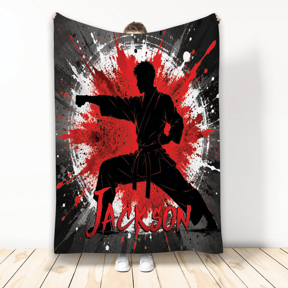 Karate throw blanket with martial artist silhouette and bold red, black, and white splatter artwork
