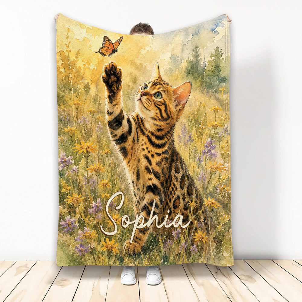 Bengal cat blanket with watercolor garden artwork, wildflowers, and a butterfly