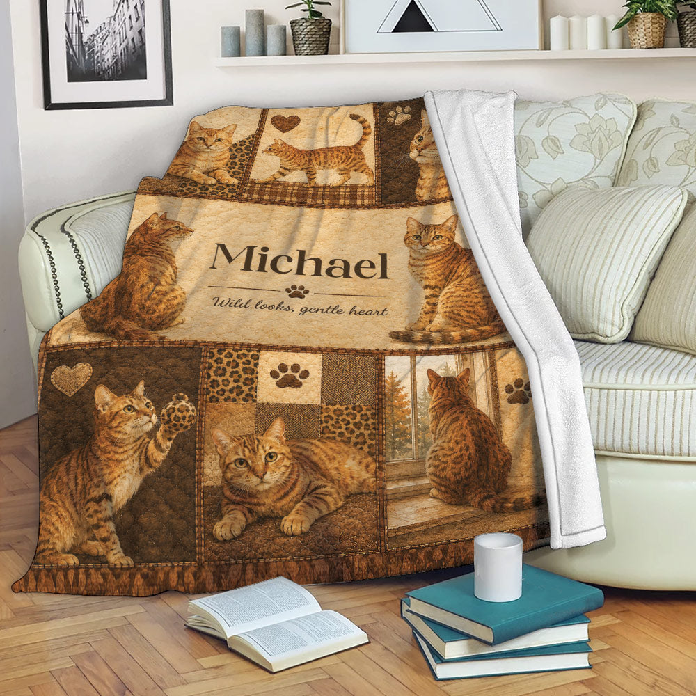 Bengal cat blanket draped over a sofa with detailed cat artwork in a cozy room