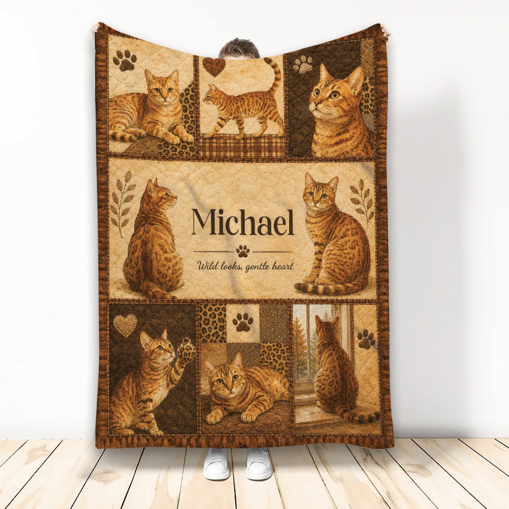 Bengal cat throw blanket with warm brown patchwork artwork and cozy cat design