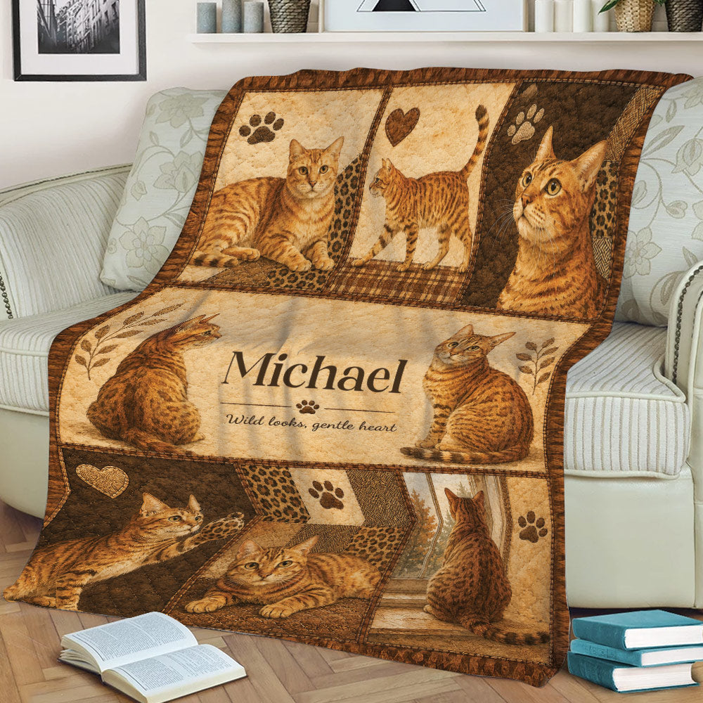 Bengal cat throw blanket displayed on a couch with vintage-inspired brown artwork