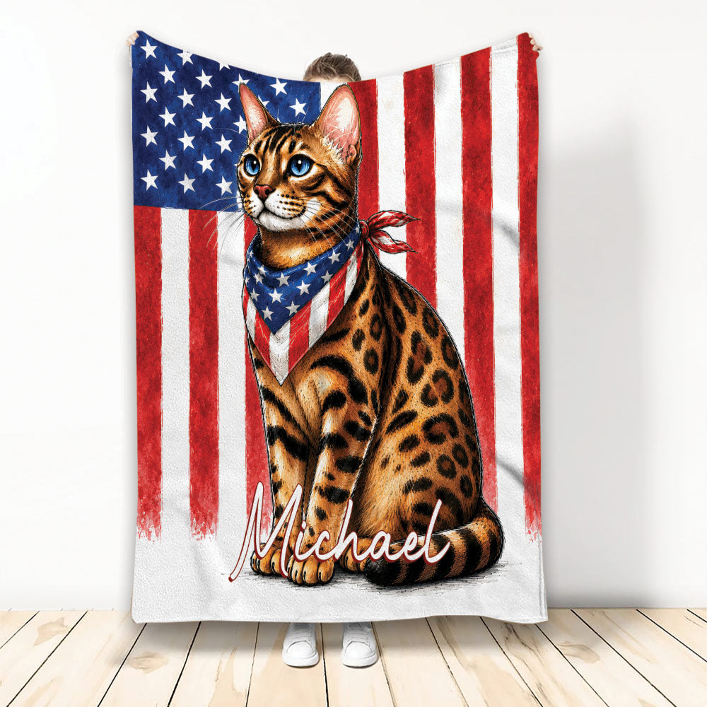 Bengal cat blanket with patriotic stars and stripes artwork displayed upright