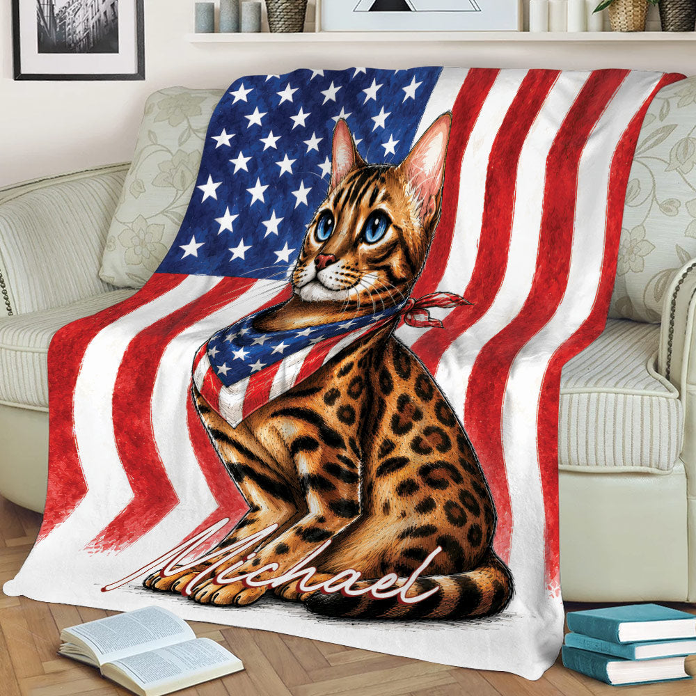 Spotted Bengal cat blanket displayed across a sofa with patriotic flag artwork