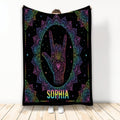 Sign language hand gesture blanket with colorful mandala patterns, stars, and neon-inspired artwork