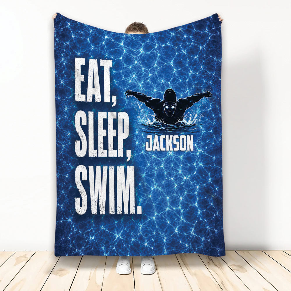 Blue swimming pool throw blanket with swimmer artwork and bold Eat Sleep Swim design