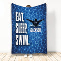 Blue swimming pool throw blanket with swimmer artwork and bold Eat Sleep Swim design