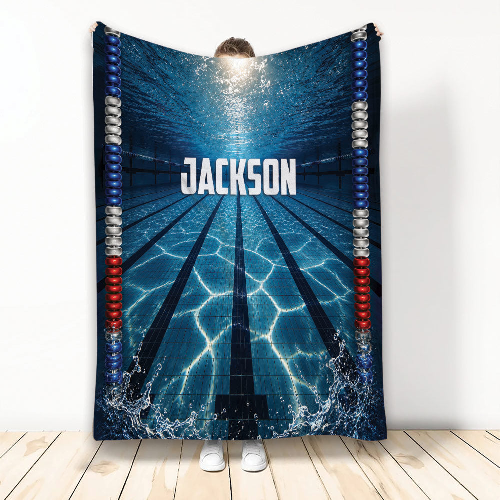 Custom swimming blanket with blue underwater pool lanes, splashing water, and colorful racing lane lines