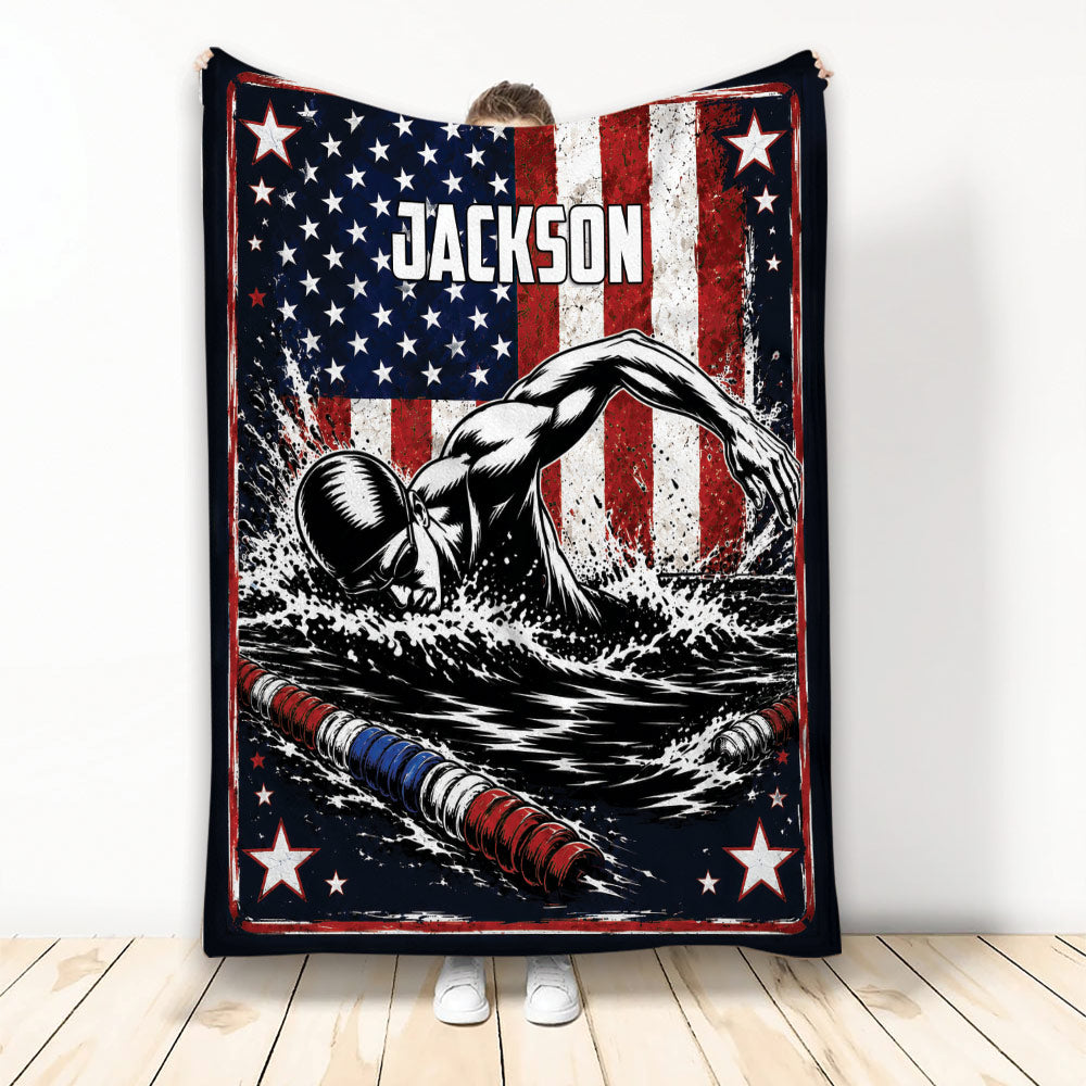 Swimming throw blanket featuring a dynamic swimmer in water with red, white and blue patriotic artwork