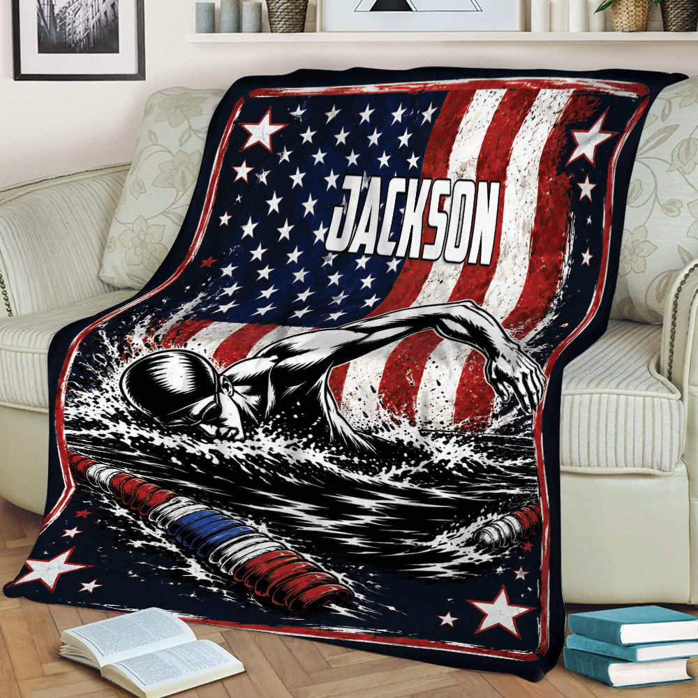 Swimming blanket draped over a couch with illustrated swimmer, water splashes and bold patriotic design