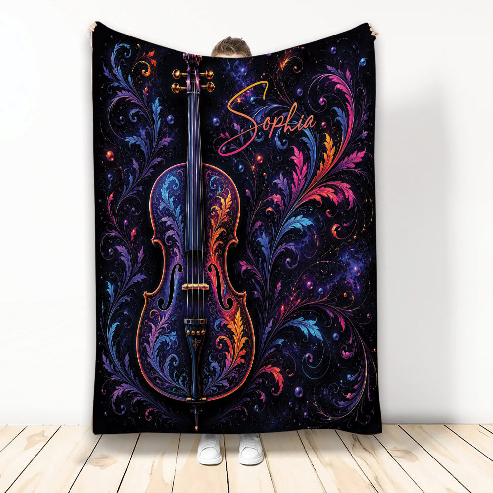 Custom cello blanket with ornate colorful cello artwork and cosmic floral details