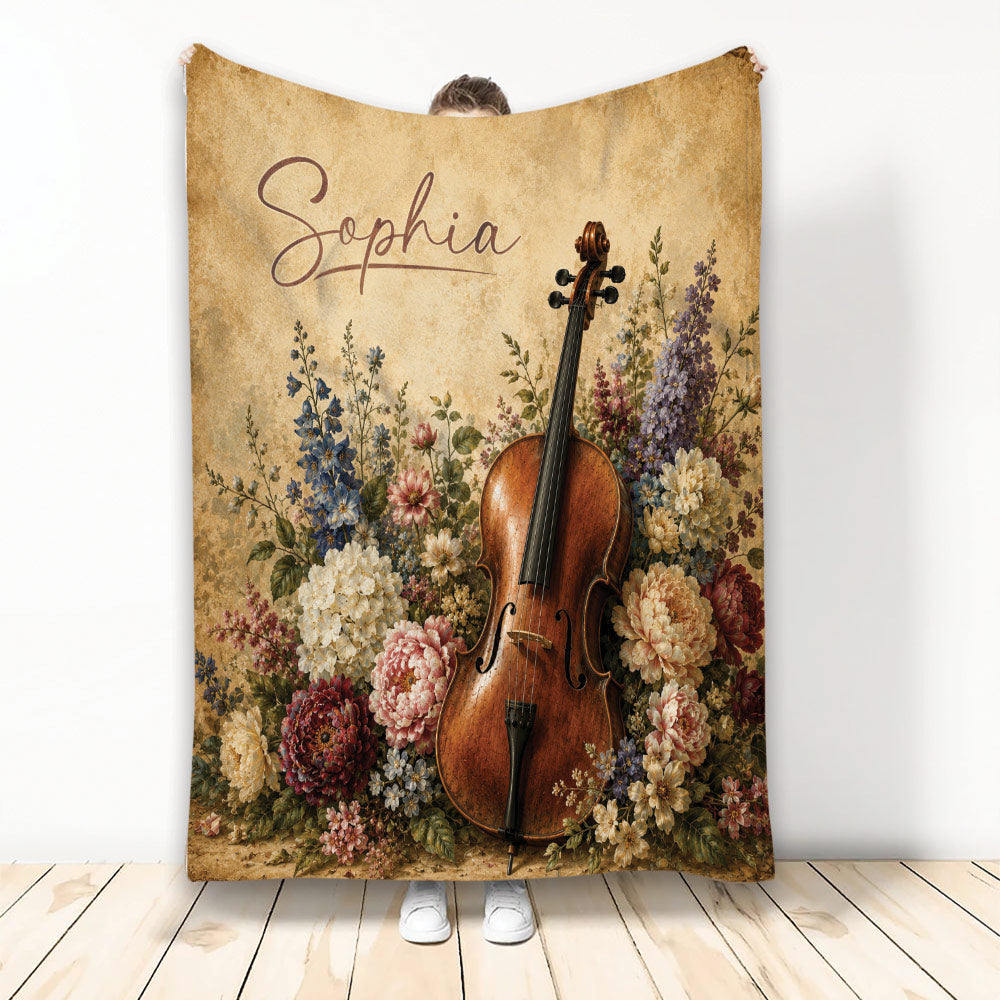 Custom cello blanket with a vintage cello surrounded by colorful flowers
