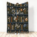 Book-themed blanket with floral bookshelves and elegant dark botanical artwork