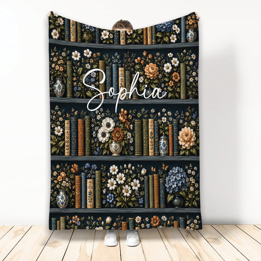 Book-themed blanket with floral bookshelves and elegant dark botanical artwork
