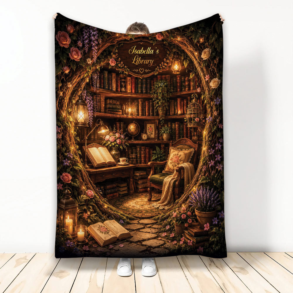 Book-themed throw blanket featuring a glowing library, stacked books, flowers, lanterns, and a reading chair