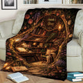 Book lover throw blanket displayed on an armchair with an enchanted library, open books, flowers, and lanterns