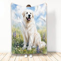 Great Pyrenees blanket with watercolor dog artwork, wildflowers, and blue sky