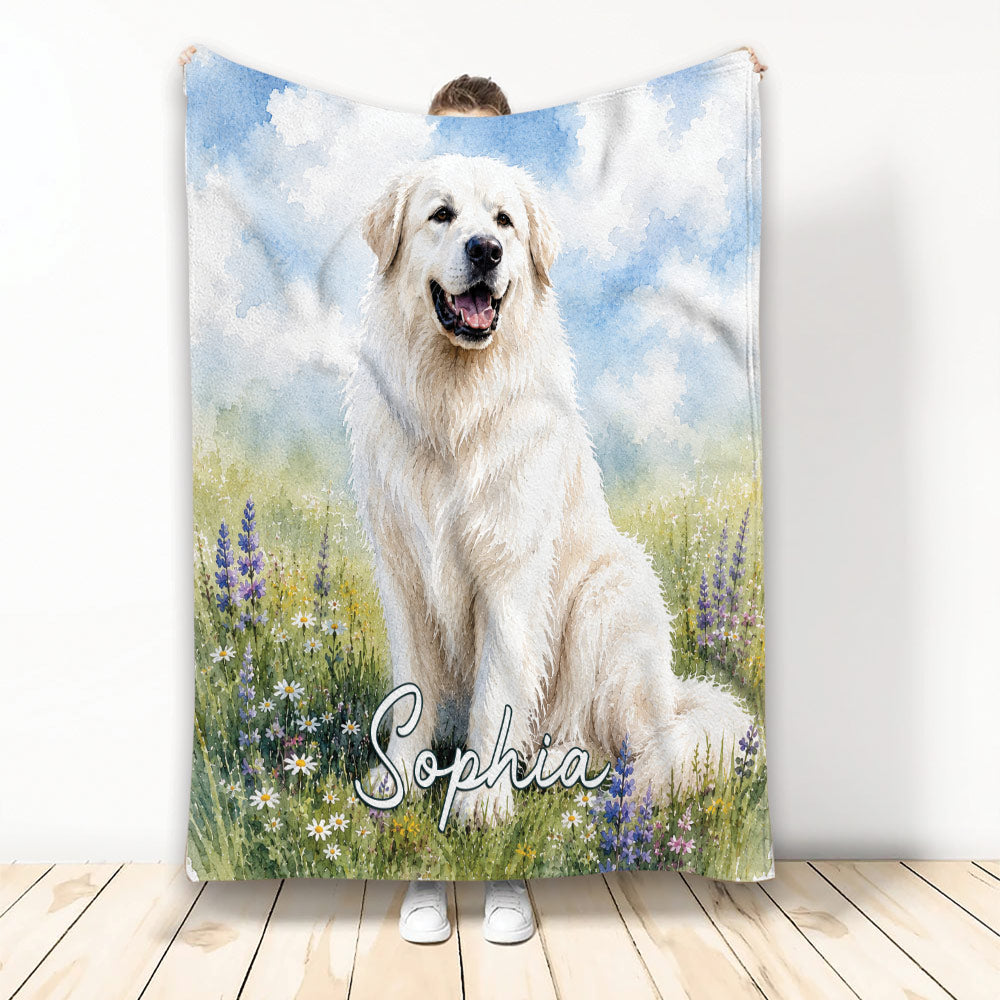 Great Pyrenees blanket with watercolor dog artwork, wildflowers, and blue sky