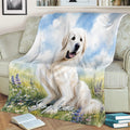 Watercolor Great Pyrenees throw blanket draped over a sofa in a flower meadow scene