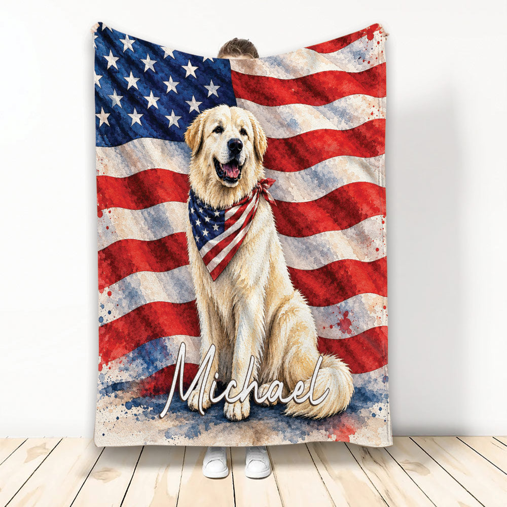 Great Pyrenees blanket featuring a patriotic American flag design and watercolor-style dog artwork