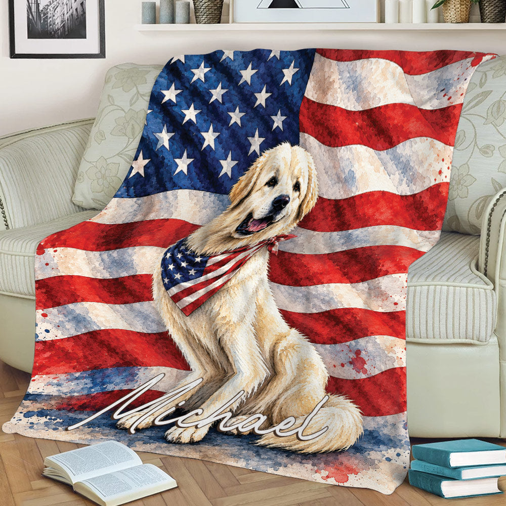 Great Pyrenees blanket draped over a couch with watercolor dog artwork and American flag theme