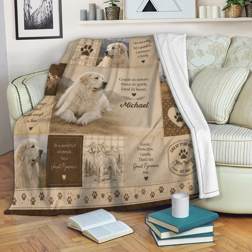 Great Pyrenees blanket draped over a sofa with gentle dog artwork, paw prints, and rustic family-themed details