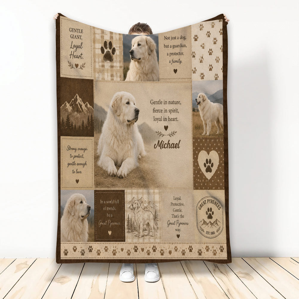 Great Pyrenees throw blanket with portrait panels, paw prints, mountain artwork, and warm rustic brown tones