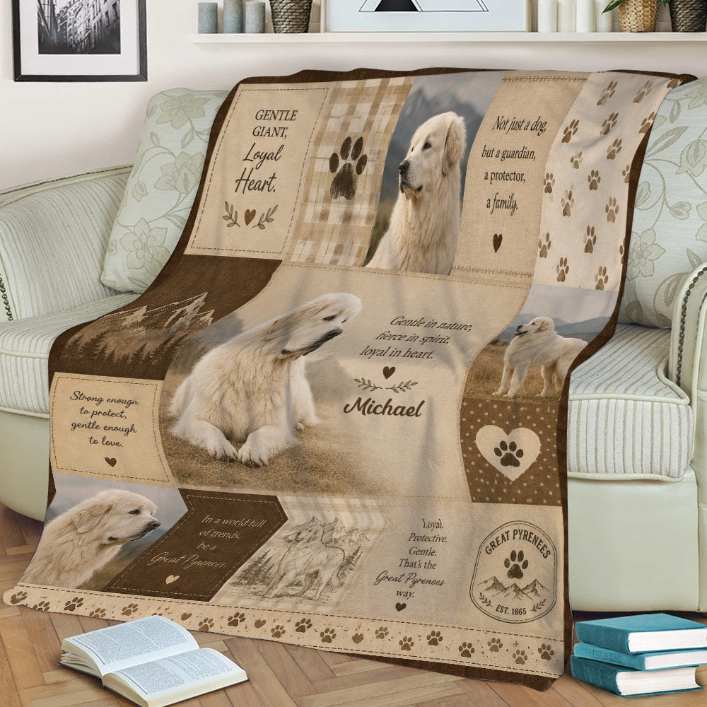 Great Pyrenees throw blanket displayed on a couch with multiple dog scenes, mountain illustrations, and paw print accents
