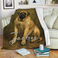 English Mastiff throw blanket displayed across a sofa with classic brown and gold dog artwork