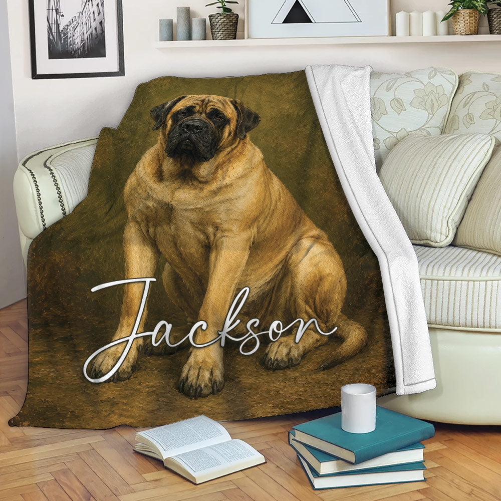 English Mastiff throw blanket displayed across a sofa with classic brown and gold dog artwork
