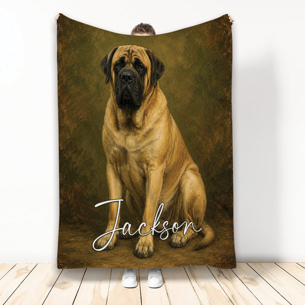 English Mastiff blanket featuring a regal seated dog illustration in warm brown and gold tones