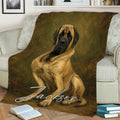 English Mastiff blanket draped over a sofa, showing detailed seated dog artwork in an earthy palette