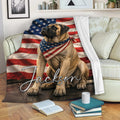 English Mastiff throw blanket displayed on a sofa with American flag artwork