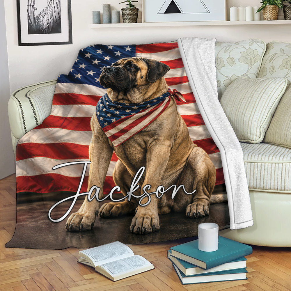 English Mastiff throw blanket displayed on a sofa with American flag artwork