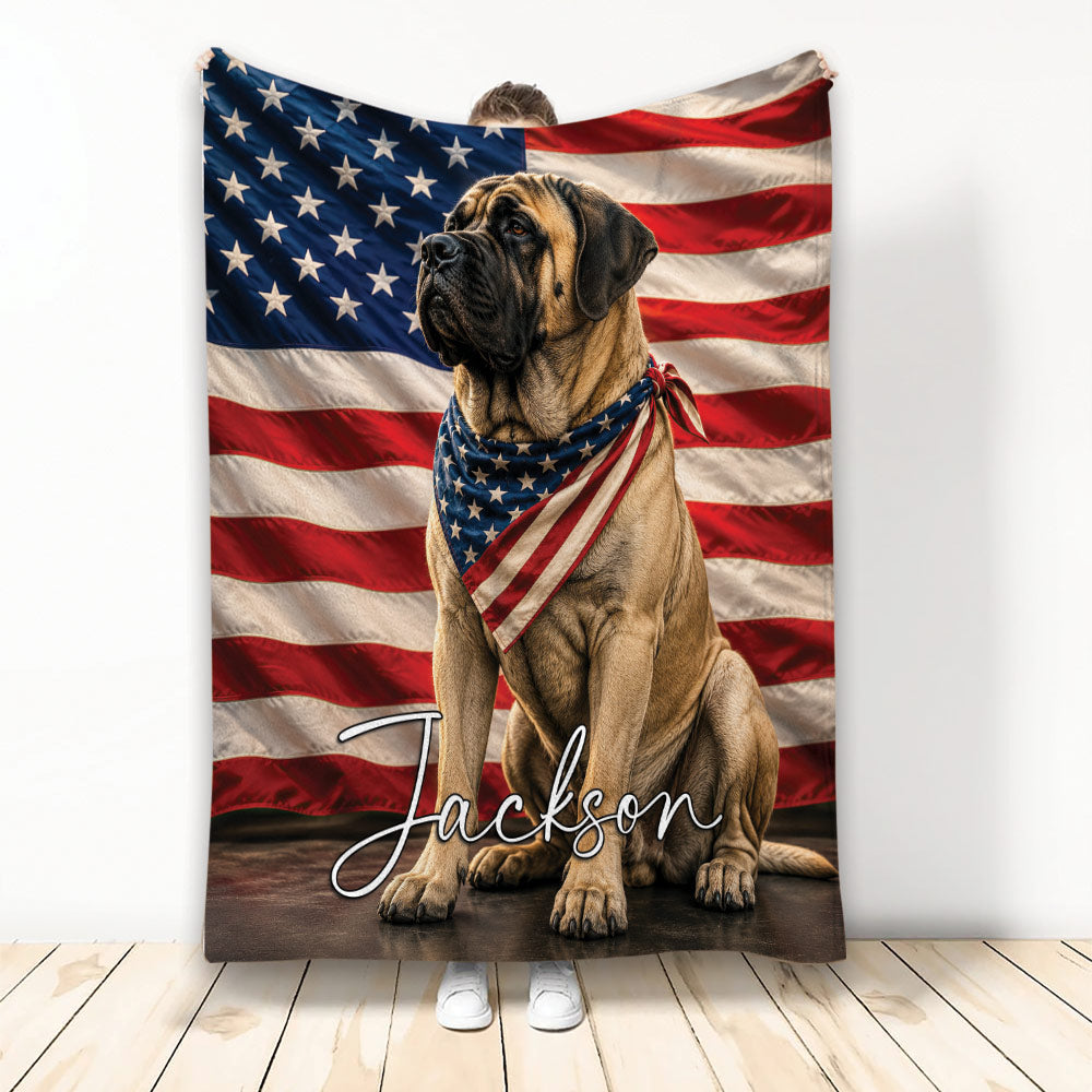 English Mastiff blanket with patriotic American flag artwork and a custom design presentation