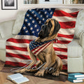 Patriotic English Mastiff blanket styled across a couch with bold red, white, and blue artwork