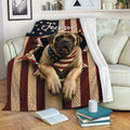 English Mastiff throw blanket displayed on a sofa with patriotic red, white, and blue artwork