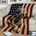 Patriotic English Mastiff blanket draped over a sofa with American flag-inspired stripes